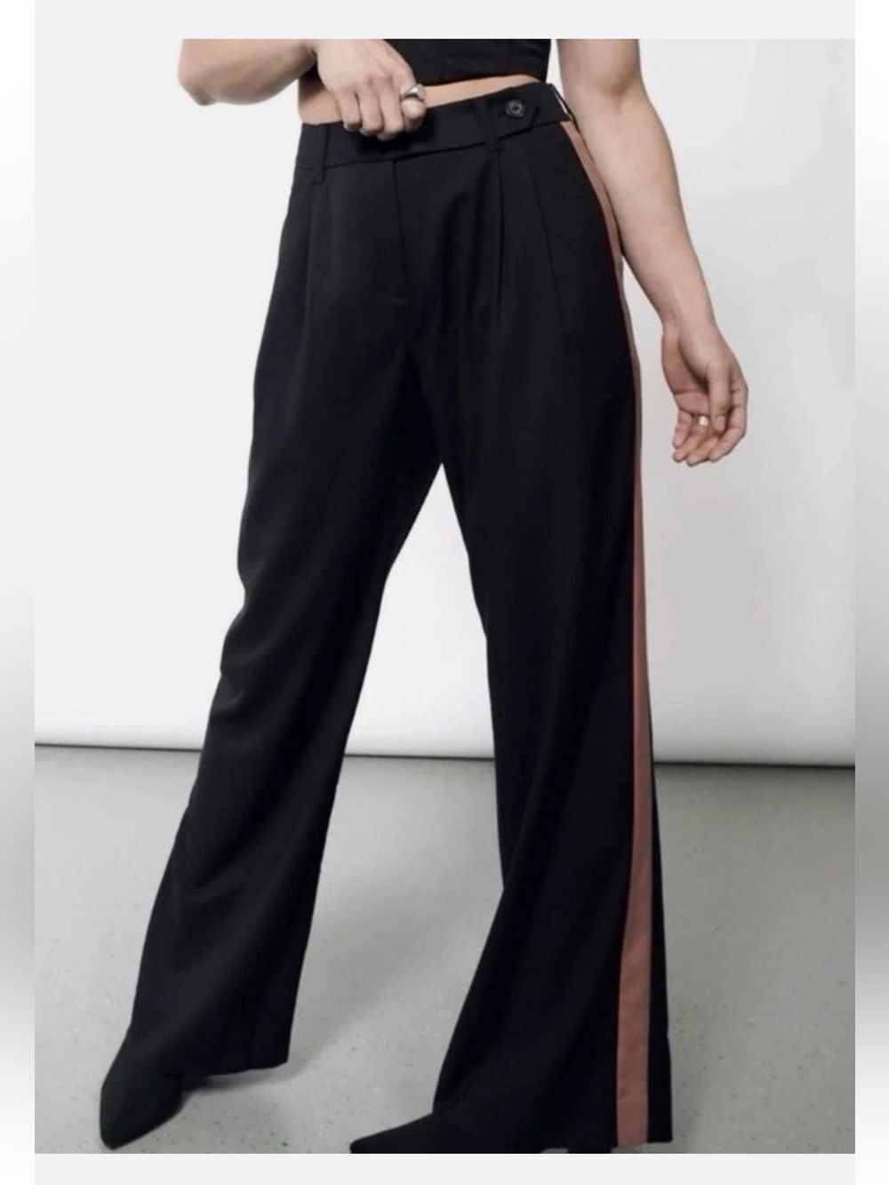 Wildfang The Empower Wide Leg Trouser Mauve Pink Side Stripe black pants - Picture 2 of 9